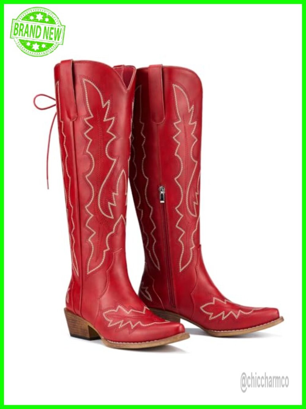 Rollda Wide Calf Cowboy Boots Lace Up Knee High Snip Toe Cuban Heel